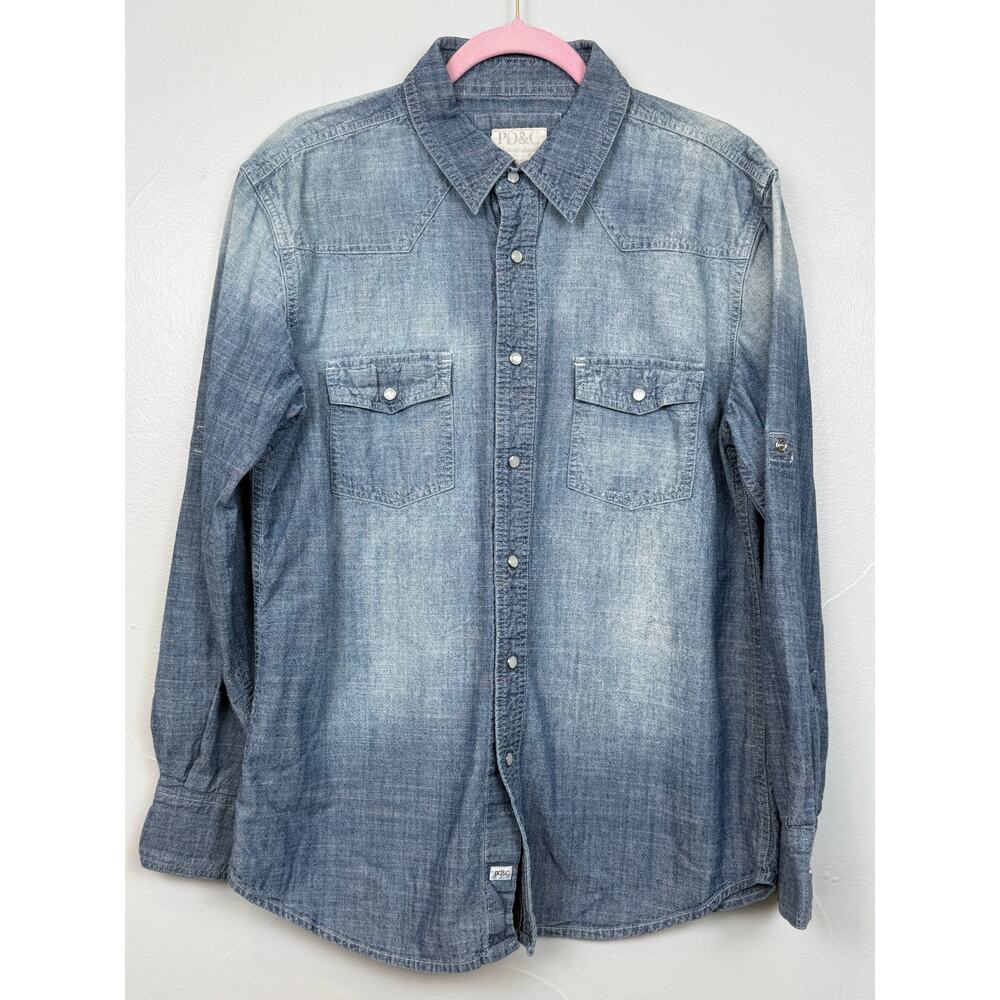 PD&C Denim Snap Button Western Shirt Men’s Medium Chambray Vintage Look